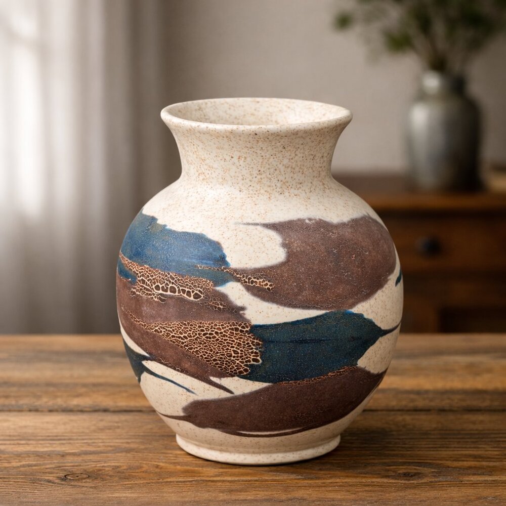 Vintage Abstract Royal Haeger Vase in Rare Blue and Brown Earth Wrap Glaze